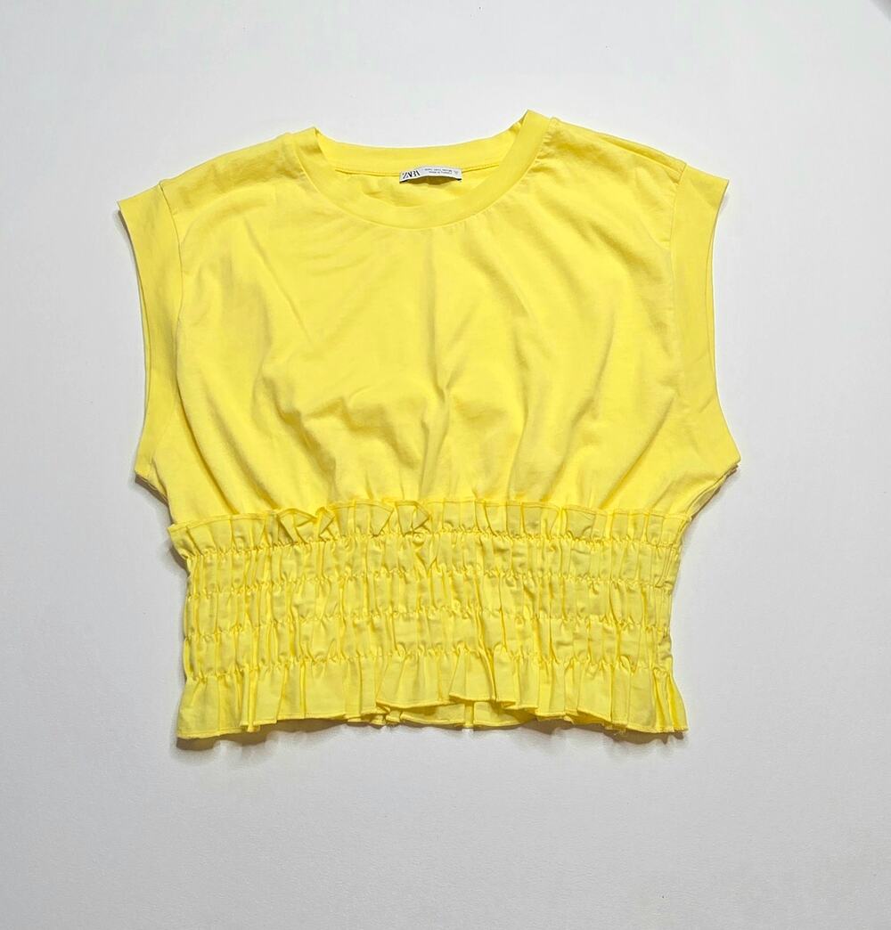 Zara Yellow Smocked Waist Cropped Muscle Tee Shirt Top Size Large